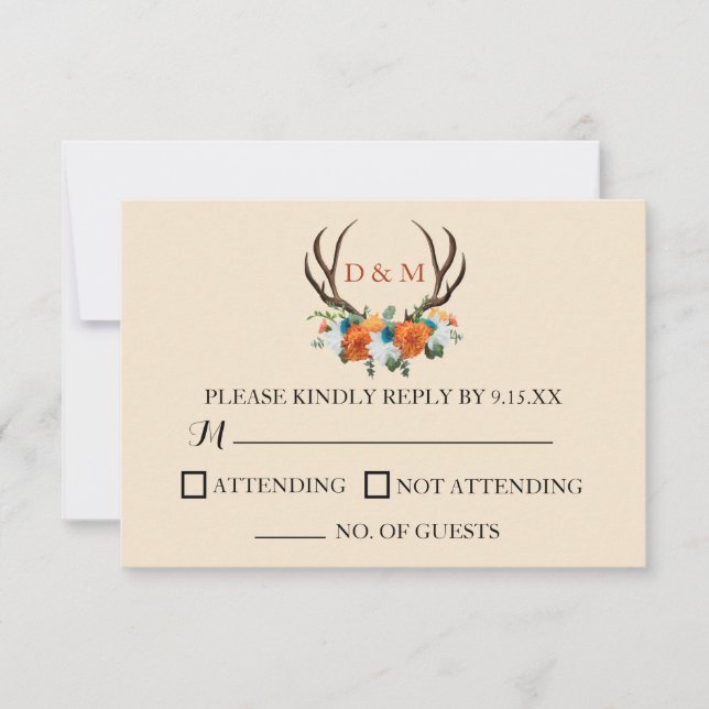 Rustikale Floral Antlers BOHO Wedding RSVP Karte (Vorderseite)
