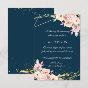 Rustikale Floral Gold Navy Blue Hochzeit Empfang Einladung