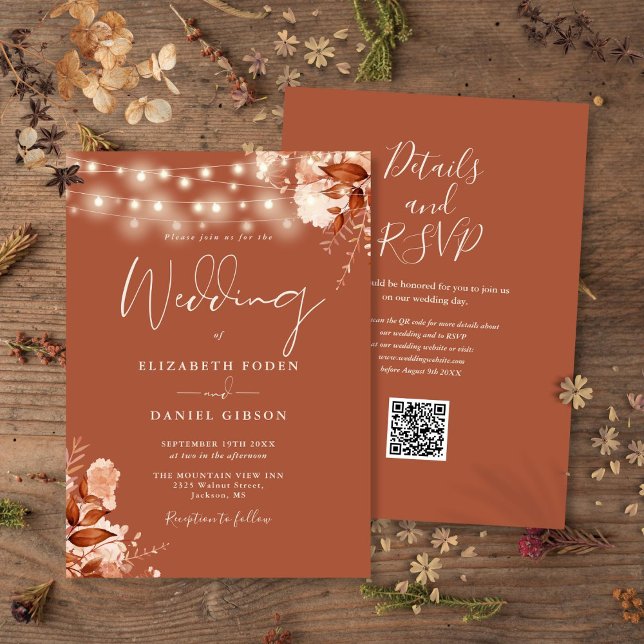 Rustikale Floral String Lights QR Code-Hochzeit im Einladung (Rustic Floral String Lights QR Code Fall Wedding Invitation)