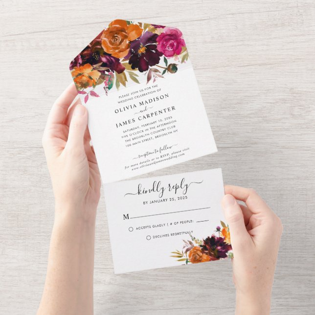 Rustikale florale Burgund Lila Gelbe Hochzeit im H All In One Einladung (Abreißen)