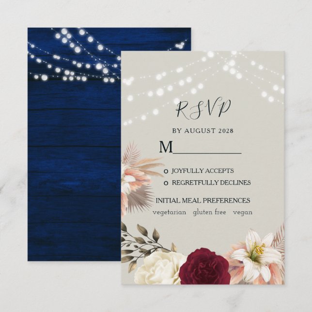 Rustikale, florale Burgundy Wedding RSVP Card (Vorne/Hinten)
