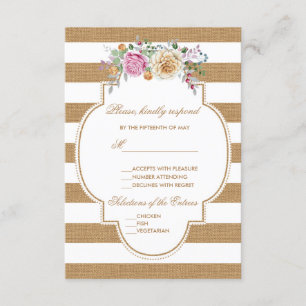 Rustikale, florale Burlap-Streifen Hochzeit RSVP Karte