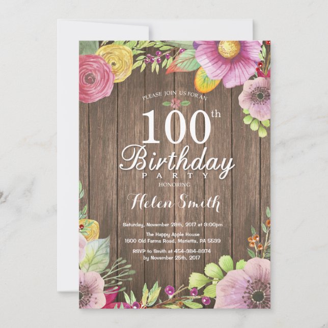 Rustikale, florale Einladung zum 100. Geburtstag (Vorderseite)