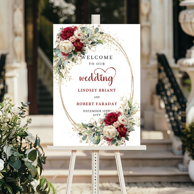 Rustikale florale Grün-Gold-Hochzeits-Willkommenss Poster (Rustic floral greenery gold wedding welcome sign board

)