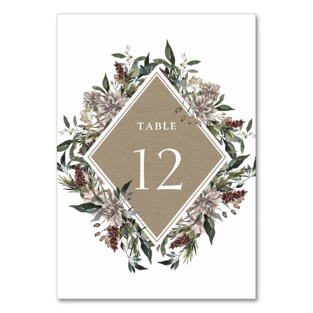 Rustikale Florale Herbst-Winter-Hochzeit Tischnummer (Vorderseite)