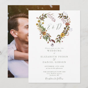 Rustikale Florale Herz-Sagegrün-Foto-Hochzeit Einladung
