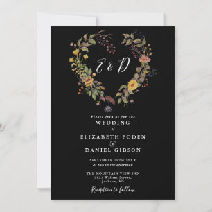 Rustikale Florale Herz Schwarz-Weiß-Hochzeit Einladung