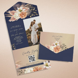 Rustikale Florale Hochzeit in Marineblau All In One Einladung