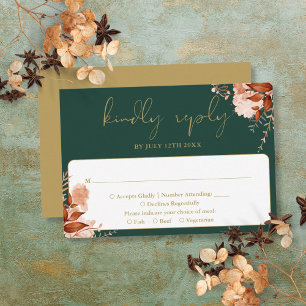 Rustikale Florale Hochzeit in Smaragdgrün und Gold RSVP Karte