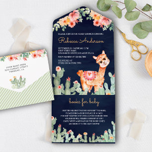 Rustikale florale Kaktus-Lama Navyblaue Babyparty All In One Einladung