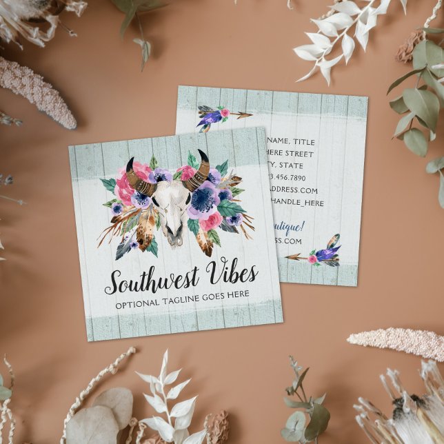 Rustikale, florale Kuh Skull Wasserfarbe Holz Boho Quadratische Visitenkarte (Von Creator hochgeladen)