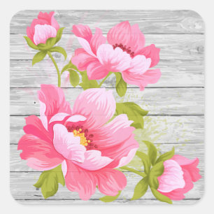 Rustikale Florale Wasserfarbe Rosa Pfingstrose Gra Quadratischer Aufkleber