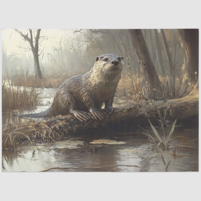 Rustikale Flussmündung Otter Wildlife Painting Dec Seidenpapier (Vorderseite)