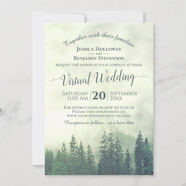 Rustikale Foggy Green Pine Forest Virtual Wedding Einladung (Vorderseite)