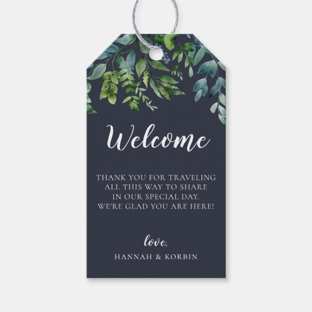 Rustikale Foliage Navy Blue Wedding Welcome Bag Geschenkanhänger (Vorderseite)