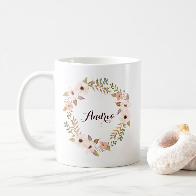 Rustikale Foliage und Blumenreath - personalisiert Kaffeetasse (Mit Donut)