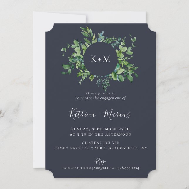 Rustikale Forest Foliage Navy Blue Engagement Part Einladung (Vorderseite)