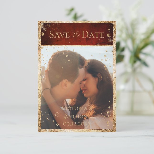 Rustikale Foto-Rot-Gold-Flat-Save-the-Date Save The Date (Stehend Vorderseite)