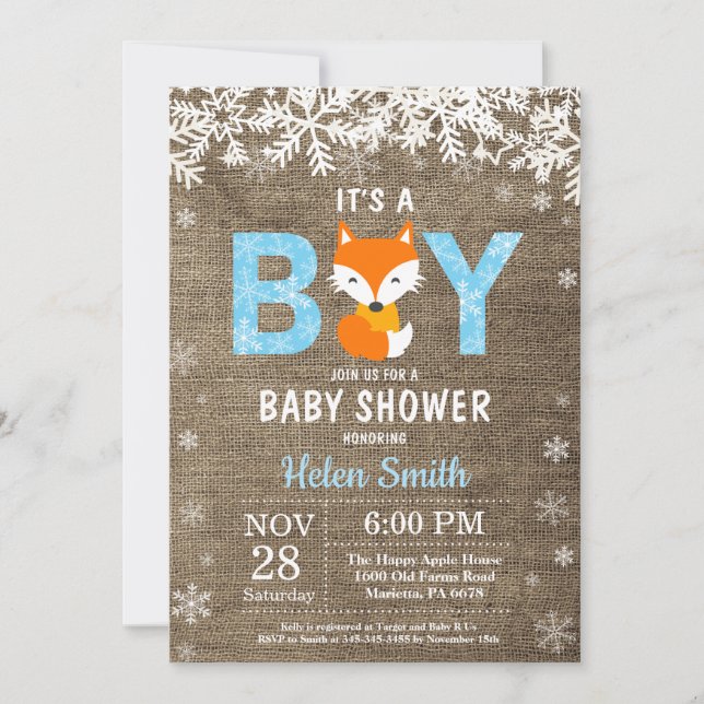 Rustikale Fox Winter Boy Babydusche Einladung (Vorderseite)