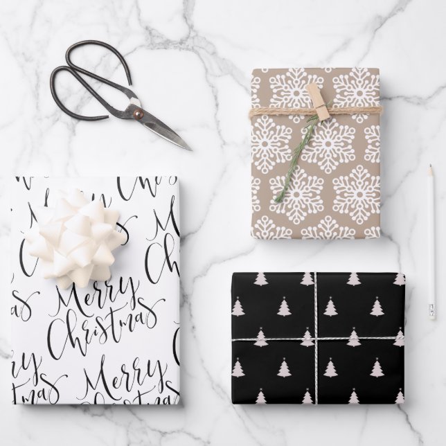 Rustikale Frohe Weihnachten Schneeflocken Set Weih Geschenkpapier Set (Vorderseite)