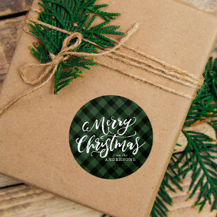 Rustikale Frohe Weihnachten Schrift Grüne Karos Runder Aufkleber