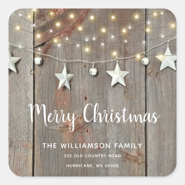 Rustikale frohe Weihnachtsbaumwein-Streichelleucht Quadratischer Aufkleber (Vorderseite)