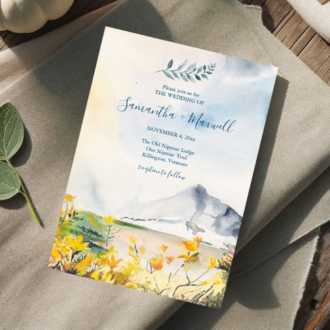 Rustikale Frühjahrshochzeit Einladung (Mountain wedding invitations features original watercolor art by Victoria Grigaliunas)