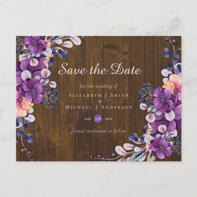 Rustikale Fuchsia Floral Woodland Wedding Postkarte (Vorderseite)