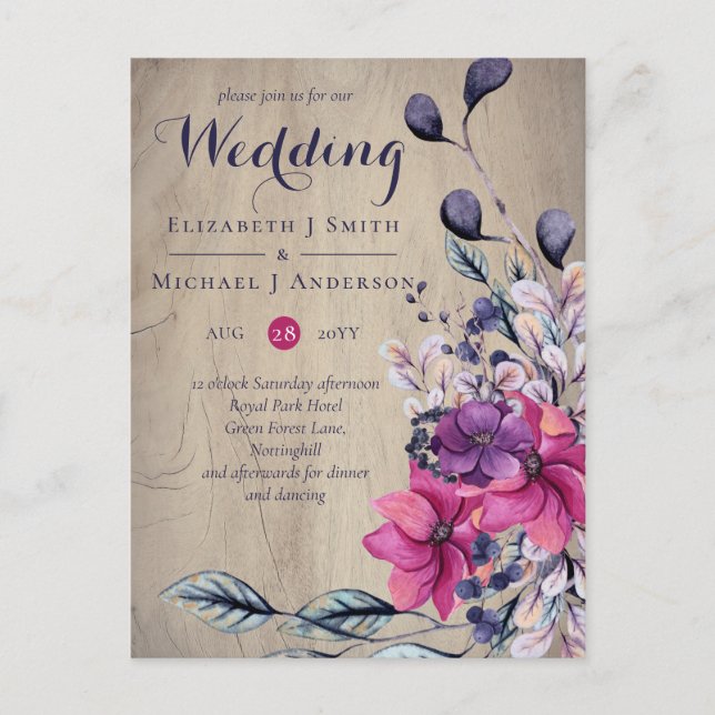 Rustikale Fuchsia Floral Woodland Wedding Postkarte (Vorderseite)