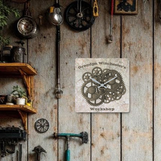 Rustikale Gänse Sprocket Steampunk auf Steinvorlag Quadratische Wanduhr (stone slab background gears wall clock template)