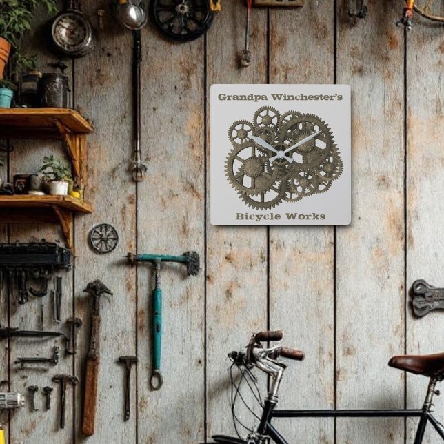 Rustikale Gänse Sprockets Steampunk Graue Vorlage Quadratische Wanduhr (gears wall clock template text)