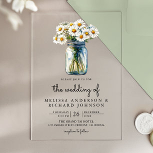 Rustikale Gänseblümchen-Blumen-Mason-Glas-Hochzeit Acryleinladungen