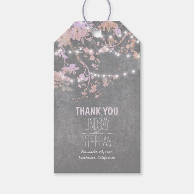 Rustikale Gartensäge Lichter Zweige Rosa Hochzeit Geschenkanhänger (Vorderseite)