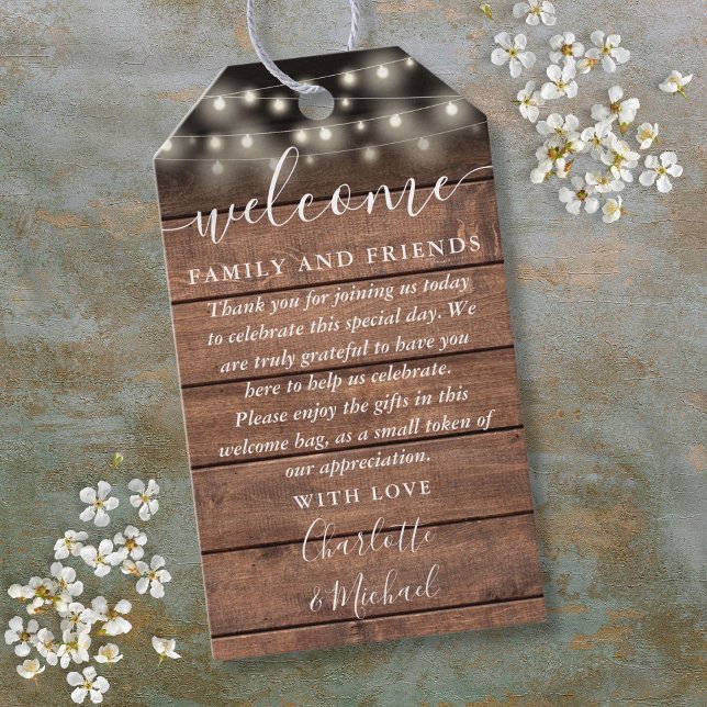 Rustikale Gastgeschenk Hochzeit Begrüßungskorb Geschenkanhänger (Rustic Lights Wedding Favor Welcome Basket Bag Gift Tags)