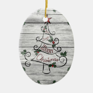 Rustikale, gealterte Scheunenholz-Weihnachtsbaum-S Keramik Ornament