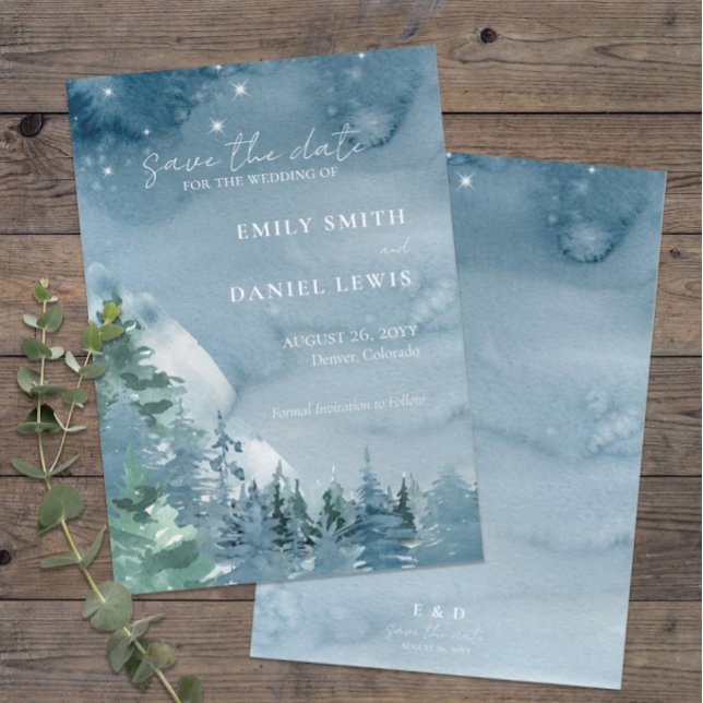 Rustikale Gebirge dunkelblaue Wasserfarbe Save The Date (Rustic Mountains Wedding Save the Date in Dark Dusty Blue )