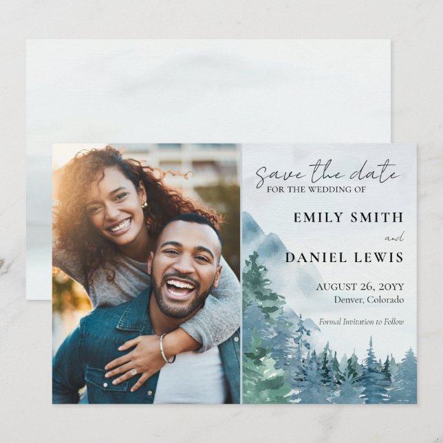 Rustikale Gebirge und Bäume Wasserfarbe trocken bl Save The Date (Vorne/Hinten)