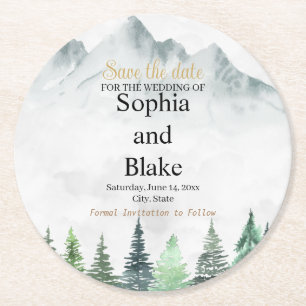 Rustikale Gebirge und Waldwasserfarbe Save the Dat Runder Pappuntersetzer