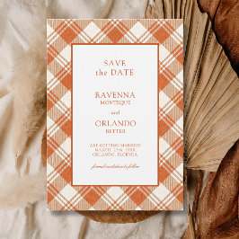 Rustikale gedämpfte orange karierte Gingham-Hochze Save The Date