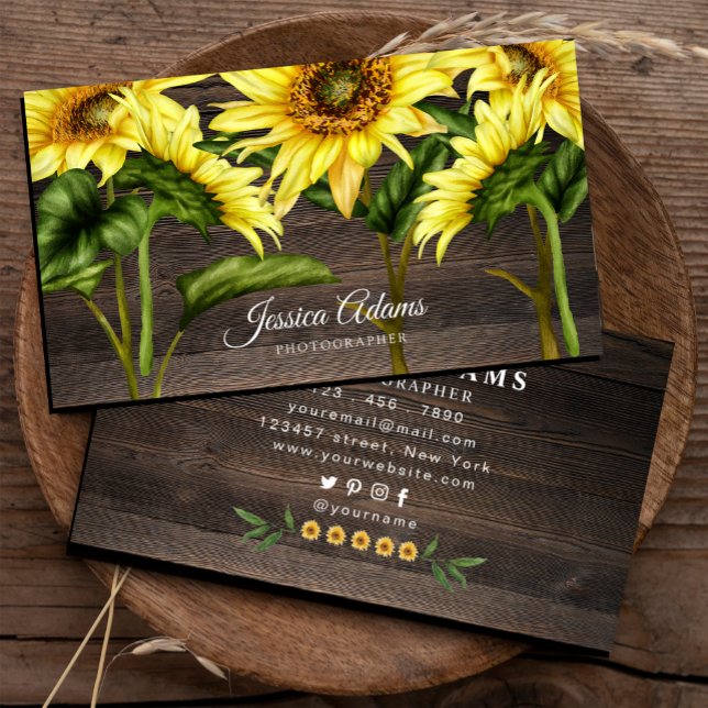 Rustikale Gelbblüte Wasserfarbe Holz Visitenkarte (Rustic Yellow Sunflower Watercolor Wooden Business Card,#sunflower #handpaintedsunflower #watercolor)