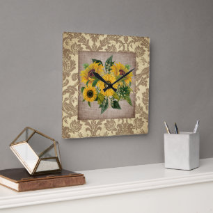 Rustikale Gelbblüten Burlap Vintag Damask Sq Quadratische Wanduhr