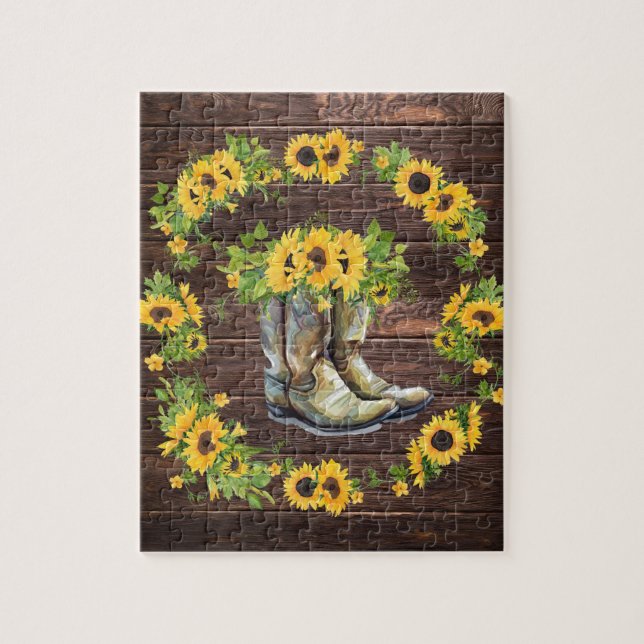 Rustikale Gelbblüten Cowboy Boots Country Puzzle (Vertikal)