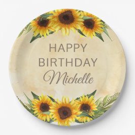 Rustikale gelbe Sonnenblumen Custom Happy Birthday Pappteller