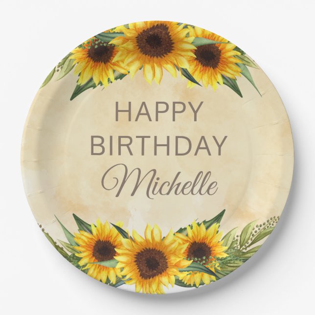 Rustikale gelbe Sonnenblumen Custom Happy Birthday Pappteller (Vorderseite)