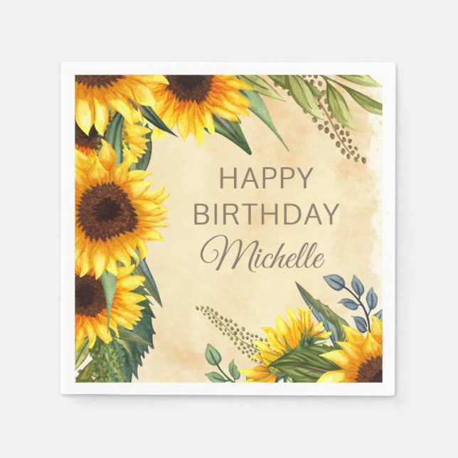 Rustikale gelbe Sonnenblumen Custom Happy Birthday Serviette (Vorderseite)