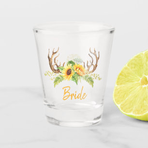 Rustikale gelbe Sonnenblumen, Grünzeug, Geweih Bra Schnapsglas