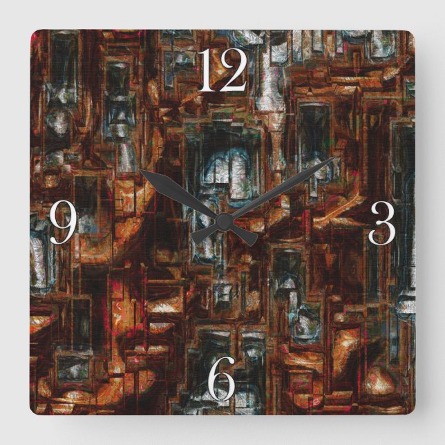Rustikale geometrische Block 3D-Look Moderne Kunst Quadratische Wanduhr (Vorderseite)