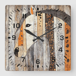 Rustikale geometrische Boho-Holzmaserung Pferd Quadratische Wanduhr