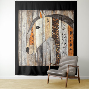 Rustikale geometrische Boho-Holzmaserung Pferd Wandteppich