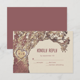 Rustikale geschnitzte Herz-Eiche-Hochzeit-RSVP-Kar RSVP Karte